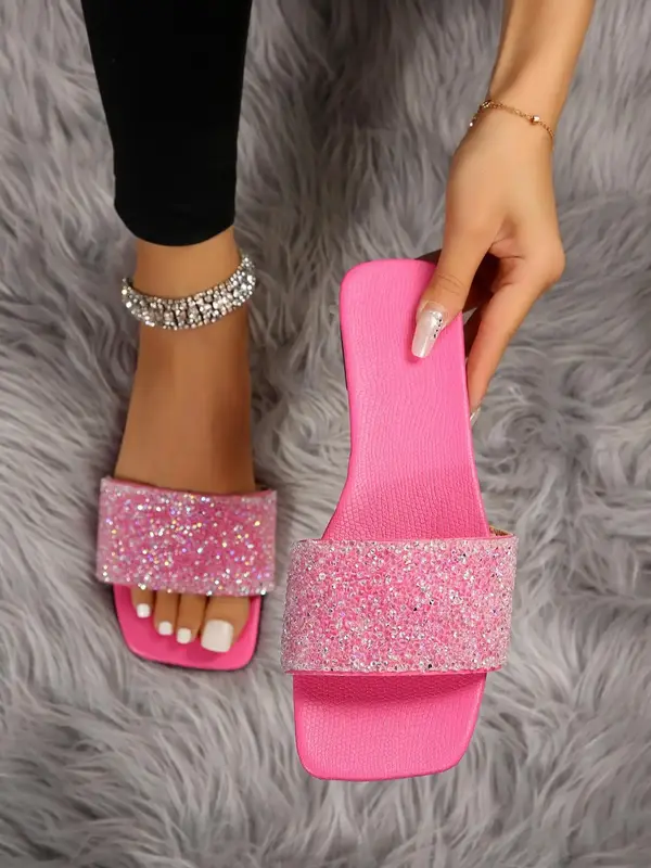 Women's Elegant Rhinestone Decorated Flat Sandals, 1 Pair Exquisite Trendy Soft Sole Flat Slippers, Fashionable Shoes for Dai...