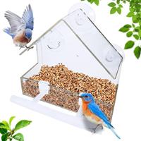 Window Bird Feeder, Bird House for Outside with 2 Rod, Small Acrylic Window Bird Feeder with Strong Suction Cups and Drain Ho...