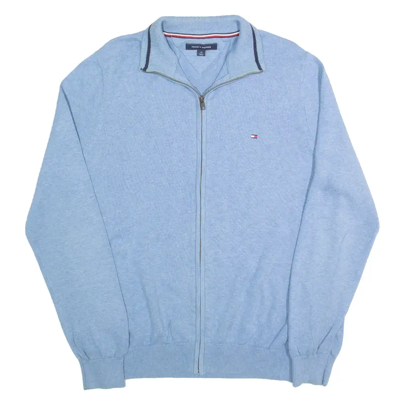 TOMMY HILFIGER Mens Cardigan Blue High Neck Tight Knit L