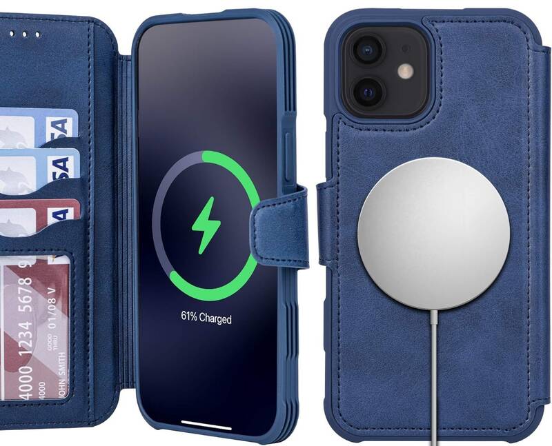 Phone Case Wallet Magnetic Wireless Charge with Card Holder RFID Blocking Flip iPhone Cover Black/Blue