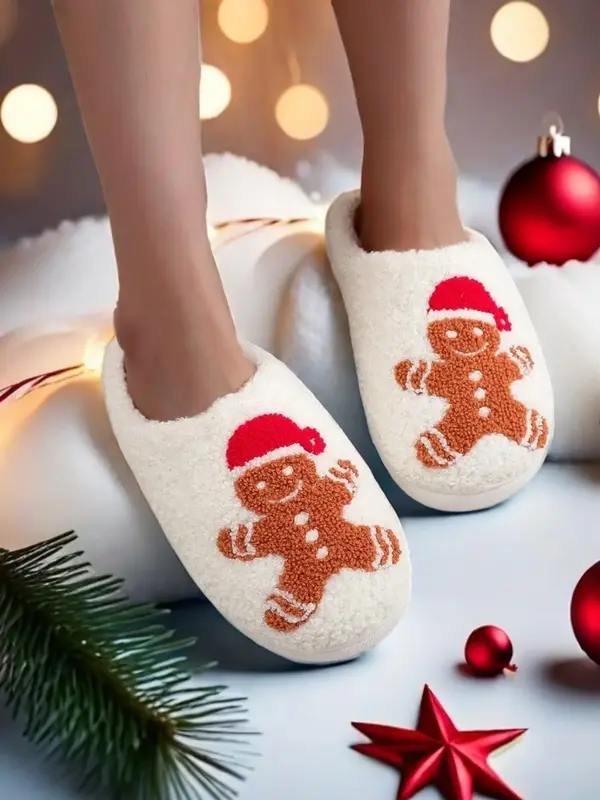 Women's Cute Gingerbread Man Design Plush Slippers, Casual Soft Comfortable Home Slippers, Warm Slippers for Indoor & Outdoor...