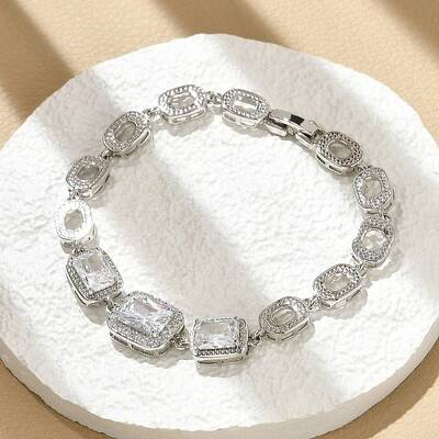 Rectangle & Oval Brass Micro Pave Cubic Zirconia Link Chain Bracelets
