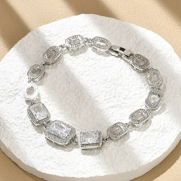 Rectangle & Oval Brass Micro Pave Cubic Zirconia Link Chain Bracelets