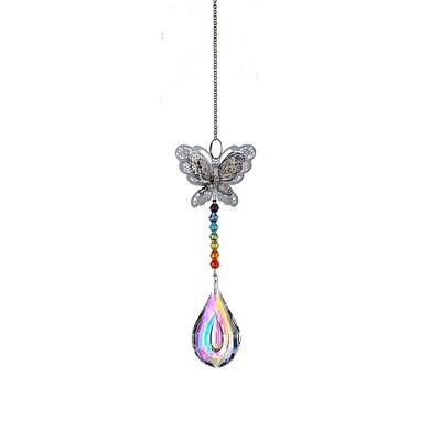 Glass Teardrop Sun Catcher Hanging Prism Ornaments with Iron Butterfly
