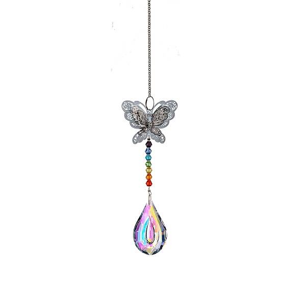 Glass Teardrop Sun Catcher Hanging Prism Ornaments with Iron Butterfly