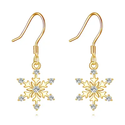 14K Gold Cubic Zirconia Snowflake Drop Earrings