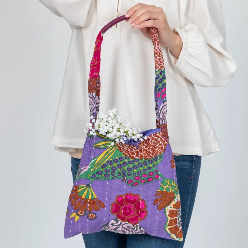 Hand Stitched Kantha Hobo Bag - Red