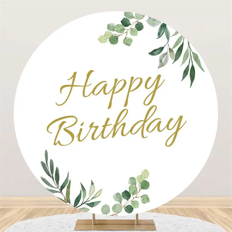Aperturee Round Simple With Green Leaves Happy Birthday Backdrop | Birthday Party Decorations | Diy Birthday Backdrop | Birth...