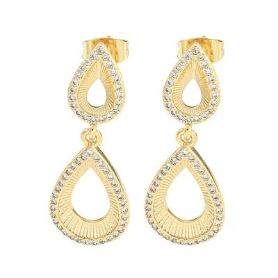 Teardrop Brass Pave Clear Cubic Zirconia Dangle Stud Earrings