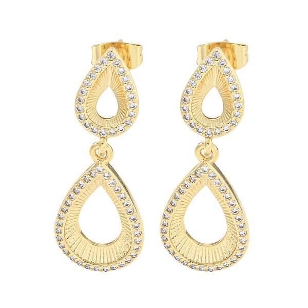 Teardrop Brass Pave Clear Cubic Zirconia Dangle Stud Earrings