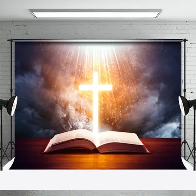 Glowing Crucifix Opened Bible Book Funeral Backdrop - Aperturee