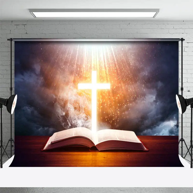 Glowing Crucifix Opened Bible Book Funeral Backdrop - Aperturee