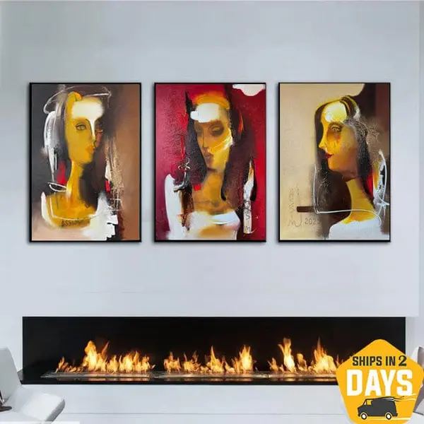 Abstract Female Portrait Set Of 3 Paintings On Canvas Colorful Women Oil Painting for Living Room Decor | MOIRAI 3P 31.4"...