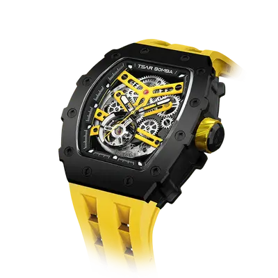 TSAR BOMBA Men's Automatic Watch | Black Yellow | Stainless Steel Case | Japanese Mechanical Skeleton Movement | Luxury Sport...