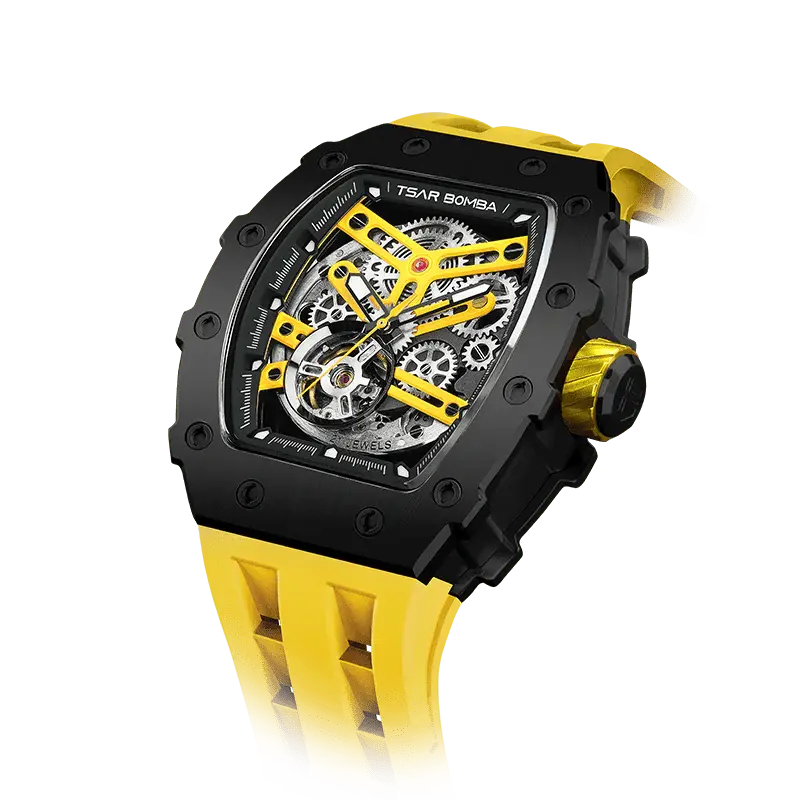 TSAR BOMBA Men's Automatic Watch | Black Yellow | Stainless Steel Case | Japanese Mechanical Skeleton Movement | Luxury Sport...