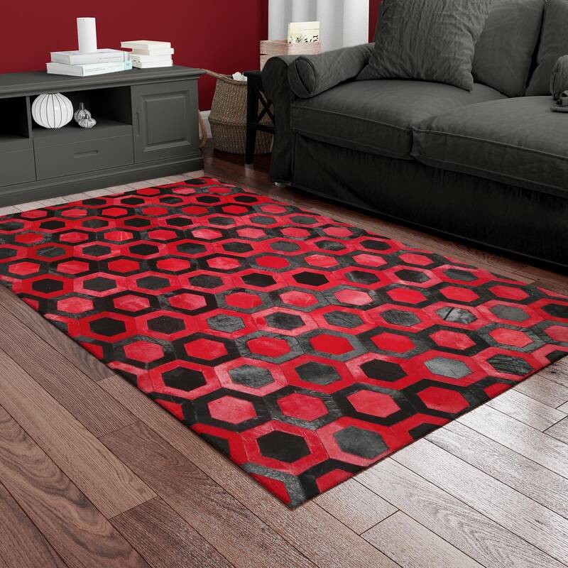 Red & Black Honeycomb Cowhide Rug