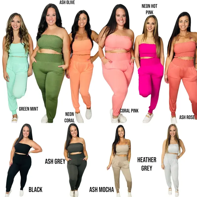 Slay the Day Smocked Tube Top and Joggers Set Multiple Colors