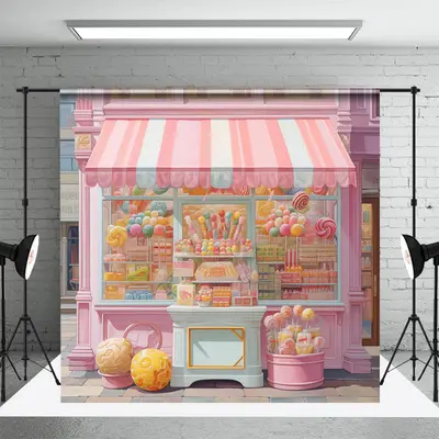 Aperturee Fairy Tale Pink Street Candy Shop Cake Smash Backdrop, 3X2FT(1MX0.6M), 14 USD, birthday cake smash backdrops, DCHD6...