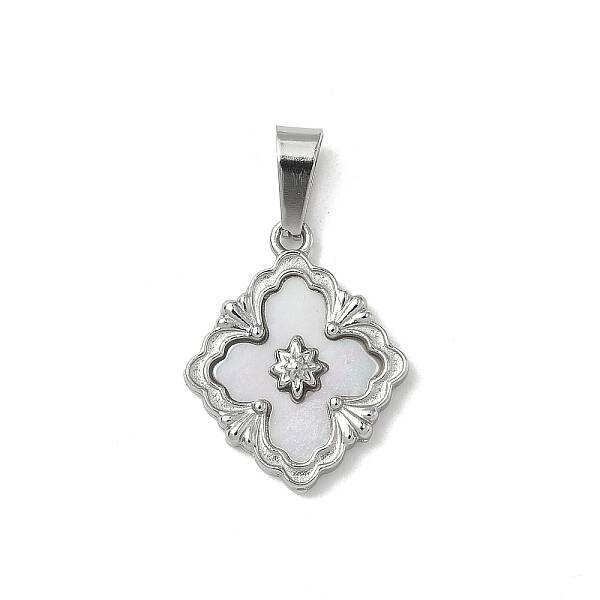 304 Stainless Steel Pave Natural Shell Flower Pendants