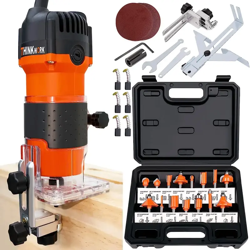THINKWORK Compact Router, 6.5-Amp 1.25 HP Dust Hood Compact Router Tools for Woodworking with 15 pieces 1/4\
