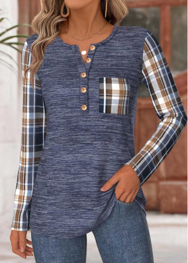 Modlily Navy Tummy Coverage Plaid Long Sleeve T Shirt - M