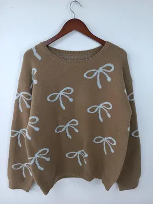 Women's Colorblock Bow Print Drop Shoulder Sweater, Casual Long Sleeve Round Neck Jumper for Fall & Winter, Fashion Ladies' K...