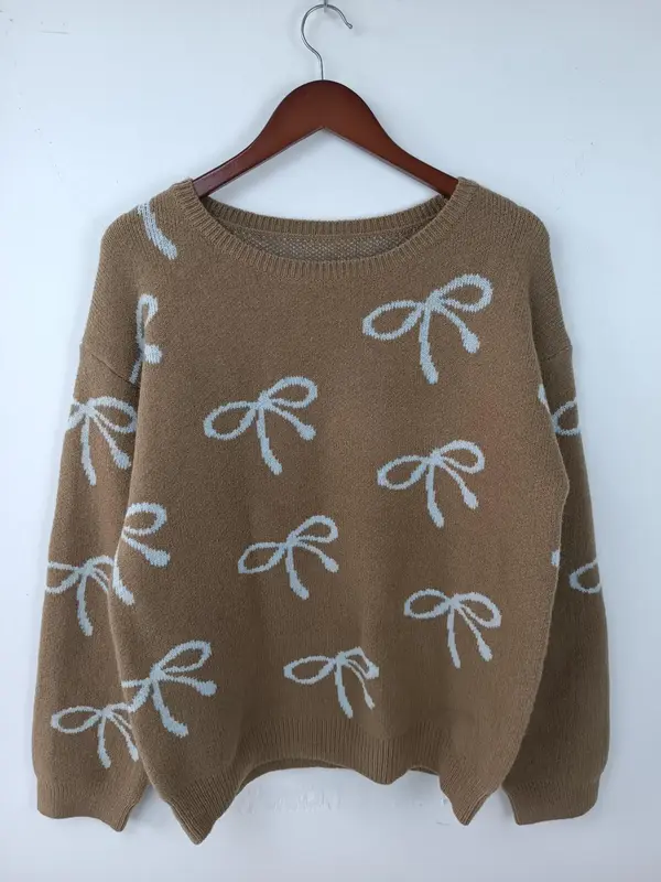 Women's Colorblock Bow Print Drop Shoulder Sweater, Casual Long Sleeve Round Neck Jumper for Fall & Winter, Fashion Ladies' K...