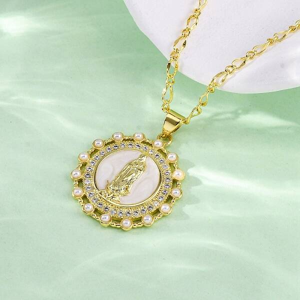 Brass Clear Cubic Zirconia Flat Round with Virgin Mary Pendant Necklaces