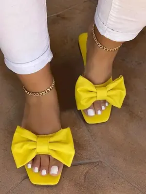 New Trend Bow Decorated Slip on Comfort Flat Sandals, Casual Square Toe Cute 2024 Summer Walking Shoes, Fashionable Back To S...