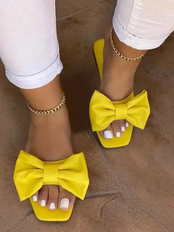 New Trend Bow Decorated Slip on Comfort Flat Sandals, Casual Square Toe Cute 2024 Summer Walking Shoes, Fashionable Back To S...