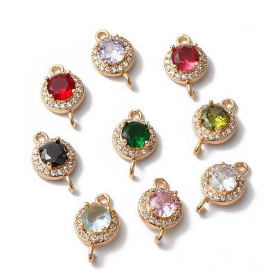 Brass Micro Pave Clear Cubic Zirconia Flat Round Links Connector Charms