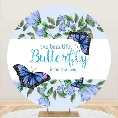 Blue Butterfly Floral Round Baby Shower Backdrop - Aperturee