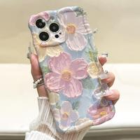 Premium Colorful Retro Oil Painting Printed Flower Laser Curly Waves Phone Case,Shockproof Cover for iPhone 16 Series Plus 13...