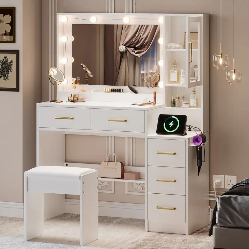 Vanity with Lights & Charging Station, White Vanity Table with 5 Drawers & Open Storage Shelves ， Bedroom  Dressing Table S...