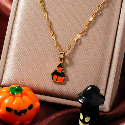 Halloween Stainless Steel Dark Orange Enamel Haunted House Pendant Necklaces European American Fashion Jewelry