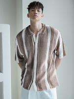 Men's Striped Print Button Front Collared Cardigan, Regular Fit Casual Drop Shoulder Half Sleeve Knitwear for All Seasons, Fa...