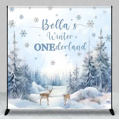 Aperturee Elk Winter Onderland Custom Name Birthday Backdrop, 3X3FT(1X1M), 15 USD, custom birthday backdrops, DZXQHD2X56-O