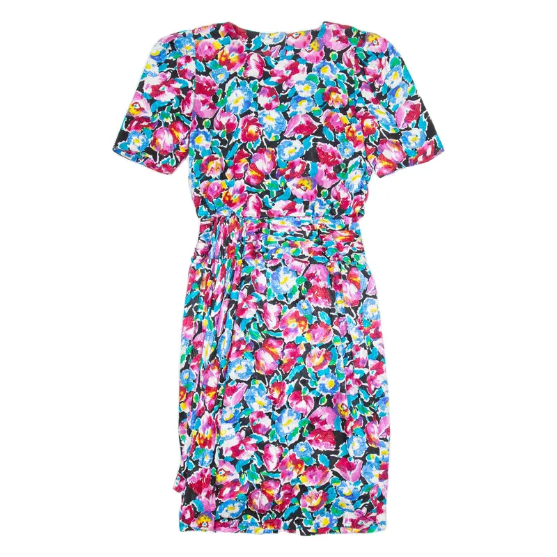 Womens Day Dress Blue Silk Floral Short Sleeve Knee Length S