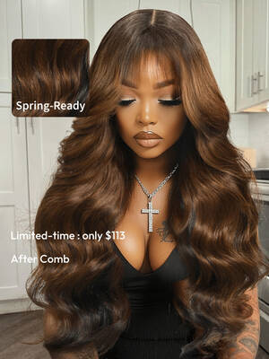 UNice Bye-Bye Knots 7x5 Black with Brown Money Piece Natural Fluffy Loose Wave Curtain Bangs Wig