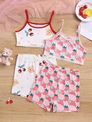 Girl's Strawberry & Bear & Cherry Print Contrast Lace Crop Camisole & Elastic Waist Shorts Set, Cute Spaghetti Strap Crop Top...