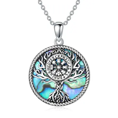 Sterling Silver Circular Shaped Abalone Shellfish Tree Of Life & Viking Rune Pendant Necklace