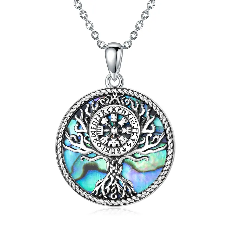 Sterling Silver Circular Shaped Abalone Shellfish Tree Of Life & Viking Rune Pendant Necklace