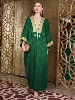 Women's Solid Batwing Sleeve Kaftan Dress with Belt, Modest Elegant Chic Long Sleeve Open Front Dress for Daily Wear, Lad...