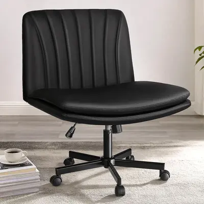 PUKAMI Criss Cross Chair with Wheels,Armless Cross Legged Office Desk Chair,PU Leather Swivel Modern Comfy Vanity Adjustable ...