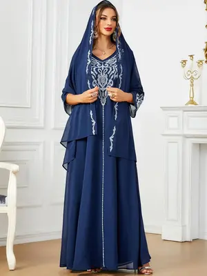 Women's Ethnic Pattern Embroidered V Neck Arabian Dress & Hijab Set, Elegant Long Muslim Dress & Hijab, Women's Islamic Cloth...