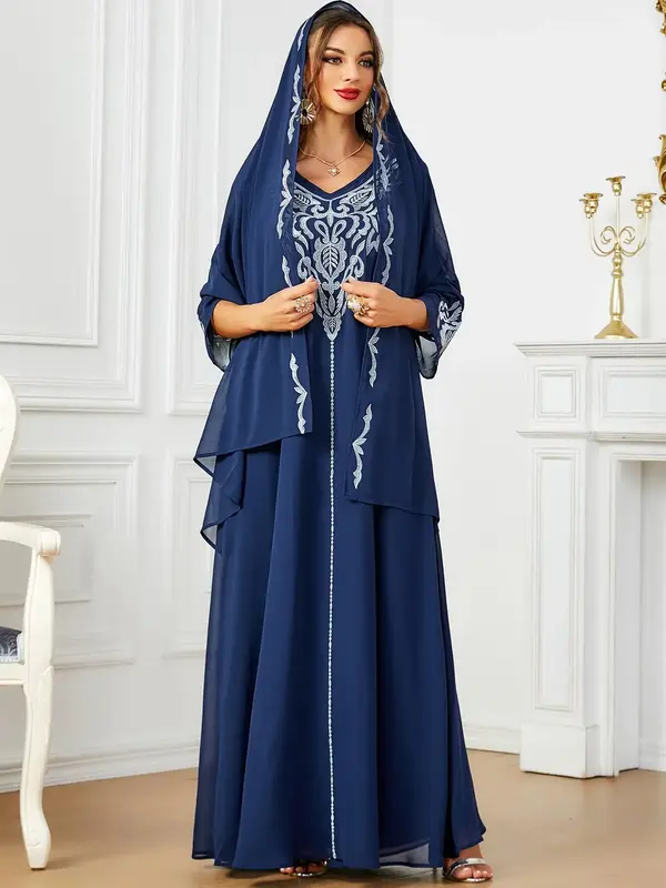 Women's Ethnic Pattern Embroidered V Neck Arabian Dress & Hijab Set, Elegant Long Muslim Dress & Hijab, Women's Islamic Cloth...