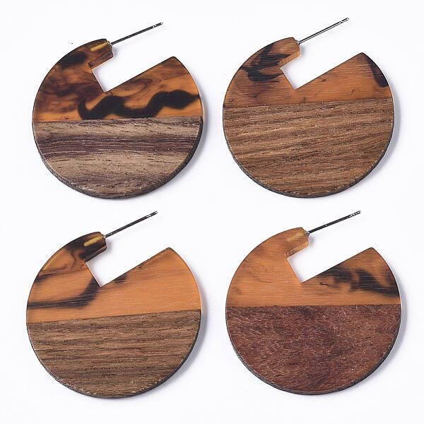 Transparent Resin & Walnut Wood Stud Earrings