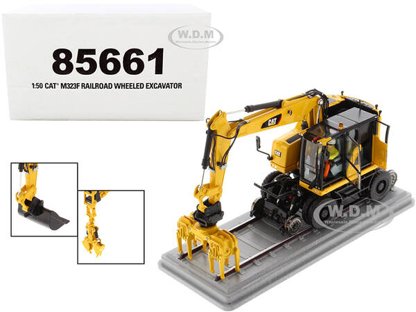 CAT Caterpillar M323F Railroad Wheeled Excavator with Operator and 3 Work Tools Safety Yellow Version High Line Series 1/50 D...