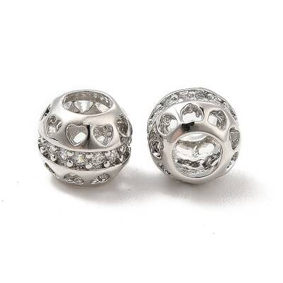 Hollow Brass Micro Pave Clear Cubic Zirconia European Style Beads