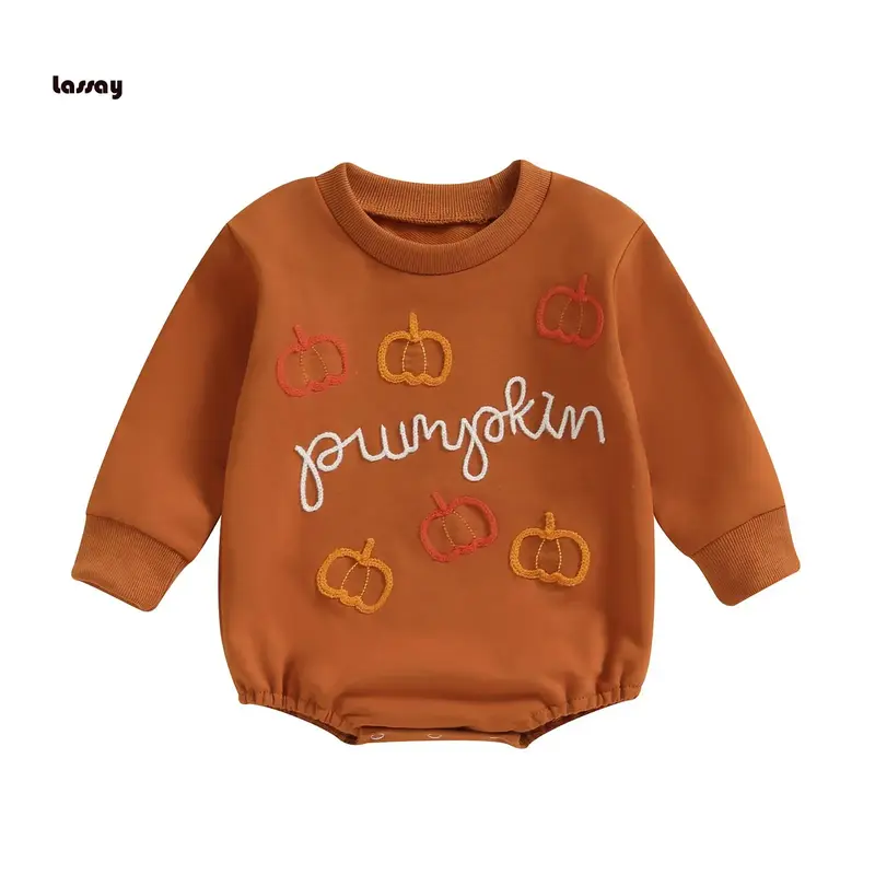 Baby Halloween Fall Romper Witch Pumpkin Letter Embroidered Long Sleeve Round Neck Jumpsuits